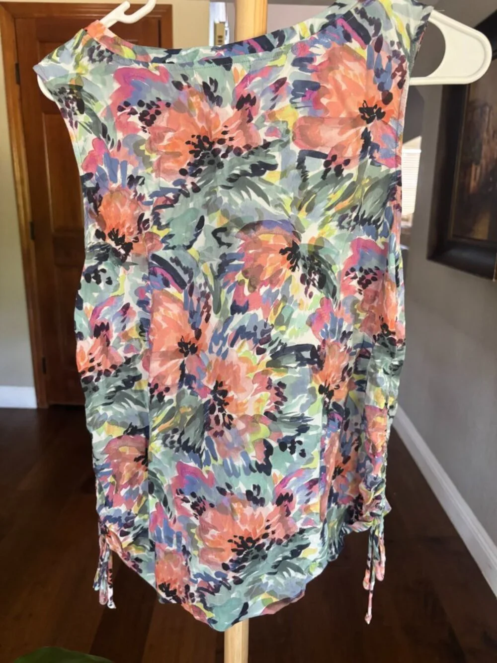 Cloth & Stone Watercolor Floral Drawstring Ruched Tank Top Rayon Size M